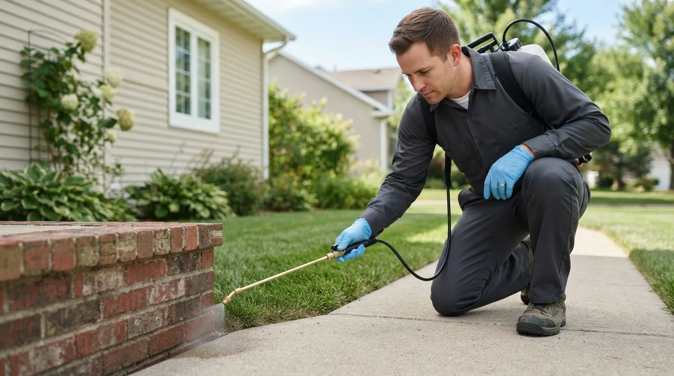 Pest control technician treating a home near Hickory Plains, AR
